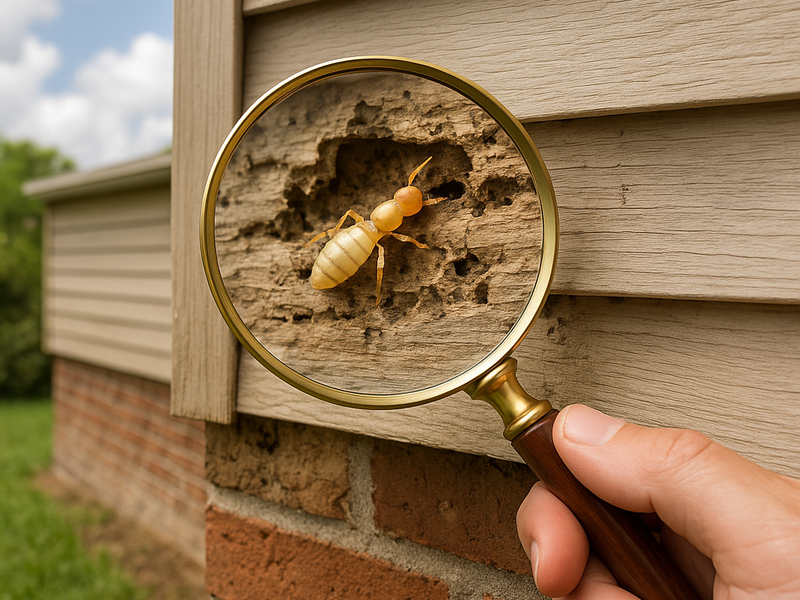 Inspector examining wood structure for termite damage